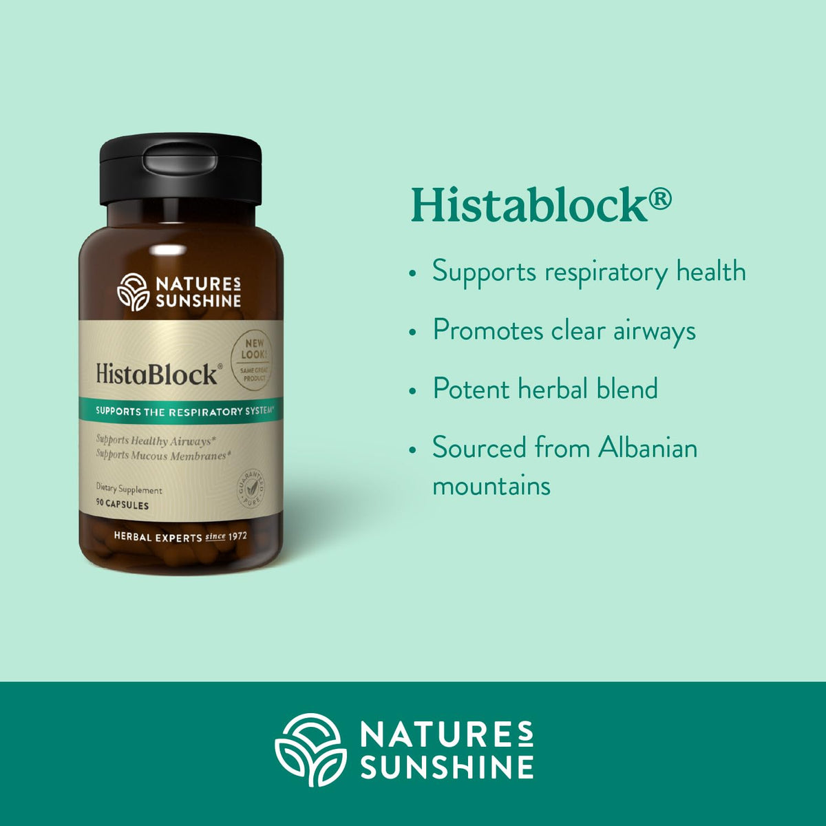 Side profile of Nature's Sunshine HistaBlock respiratory supplement bottle
