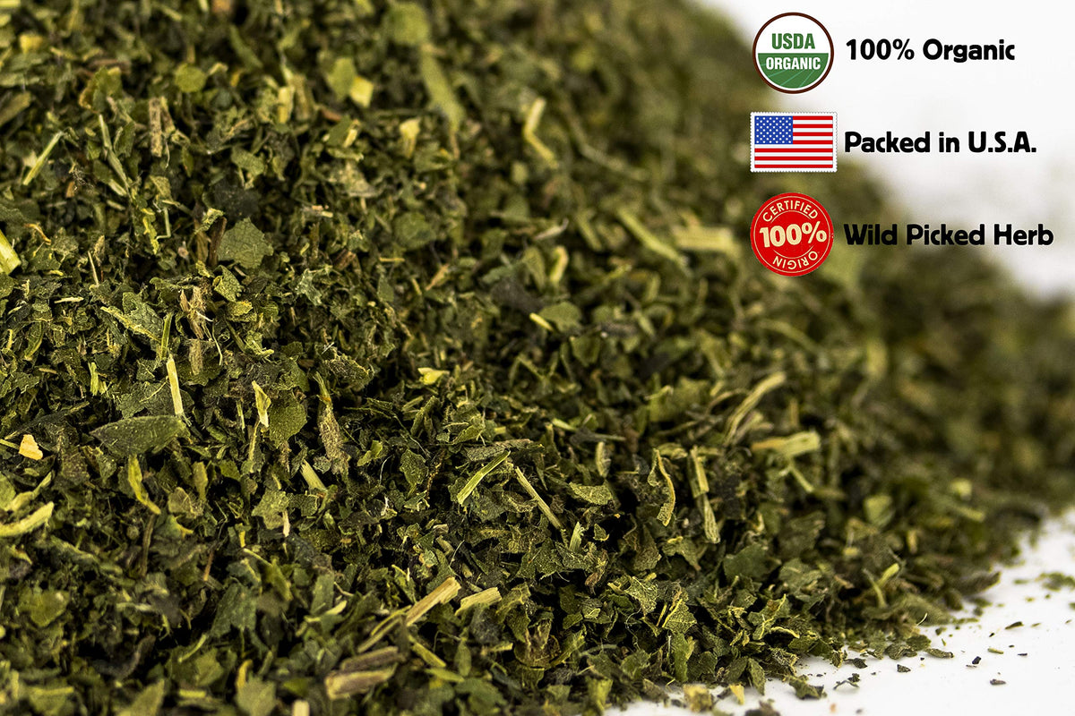 USDA certified organic cut and sifted nettle leaves closeup