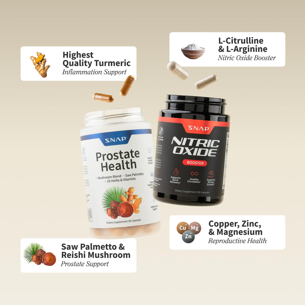 Snap Supplements Prostate Health 90 capsules label showing saw palmetto and mushroom ingredients