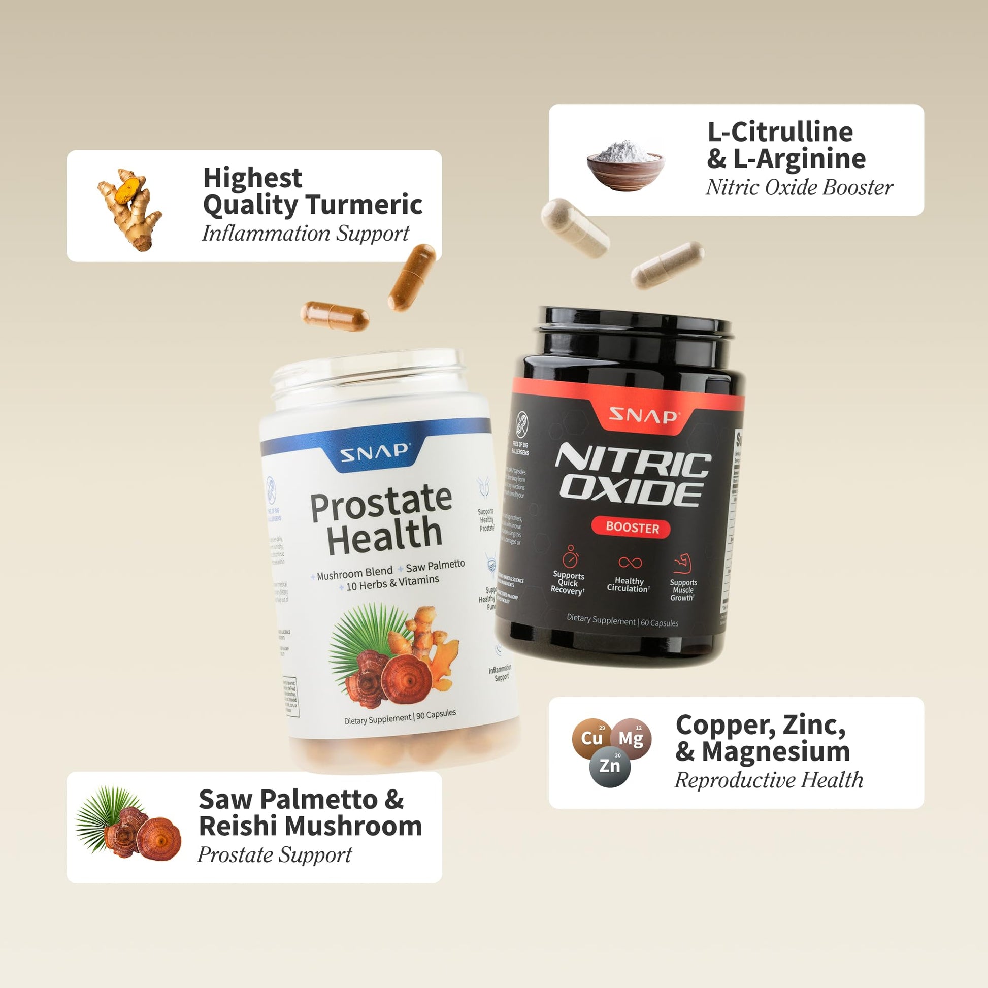 Snap Supplements Prostate Health 90 capsules label showing saw palmetto and mushroom ingredients