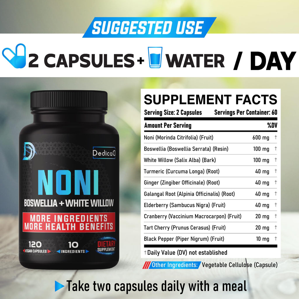 Dedicad 10-in-1 Noni fruit extract capsules bottle showing dietary supplement label and nutritional facts.