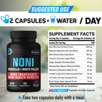 Dedicad 10-in-1 Noni fruit extract capsules bottle showing dietary supplement label and nutritional facts.