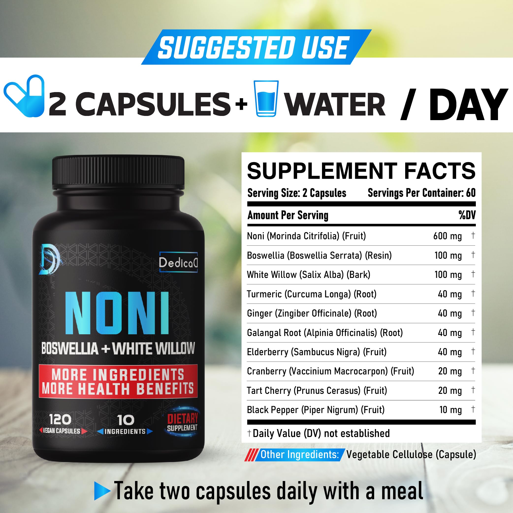 Dedicad 10-in-1 Noni fruit extract capsules bottle showing dietary supplement label and nutritional facts.
