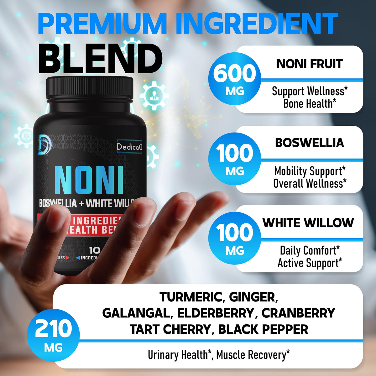 Dedicad Noni herbal complex vegan capsules bottle demonstrating high potency concentration for digestion.