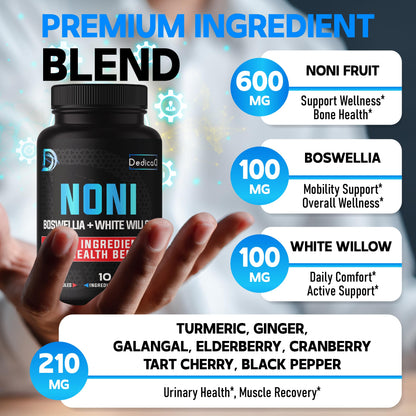 Dedicad Noni herbal complex vegan capsules bottle demonstrating high potency concentration for digestion.