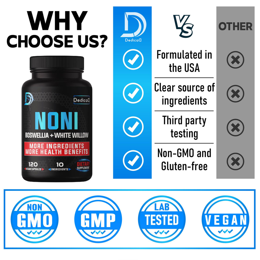 Dedicad authentic USA imported Noni fruit extract supplement bottle displaying 120 vegan capsules count.