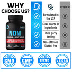 Dedicad authentic USA imported Noni fruit extract supplement bottle displaying 120 vegan capsules count.