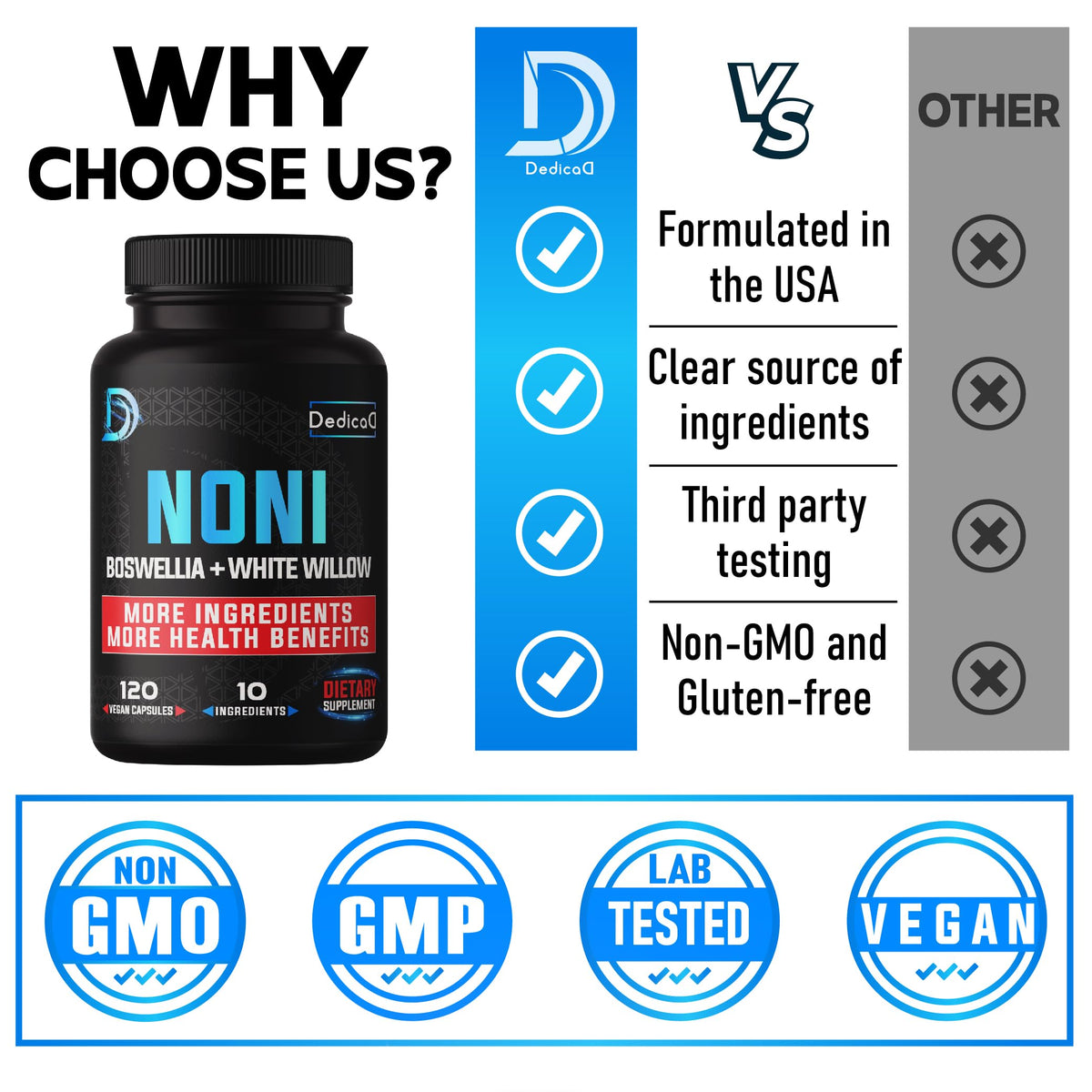 Dedicad authentic USA imported Noni fruit extract supplement bottle displaying 120 vegan capsules count.