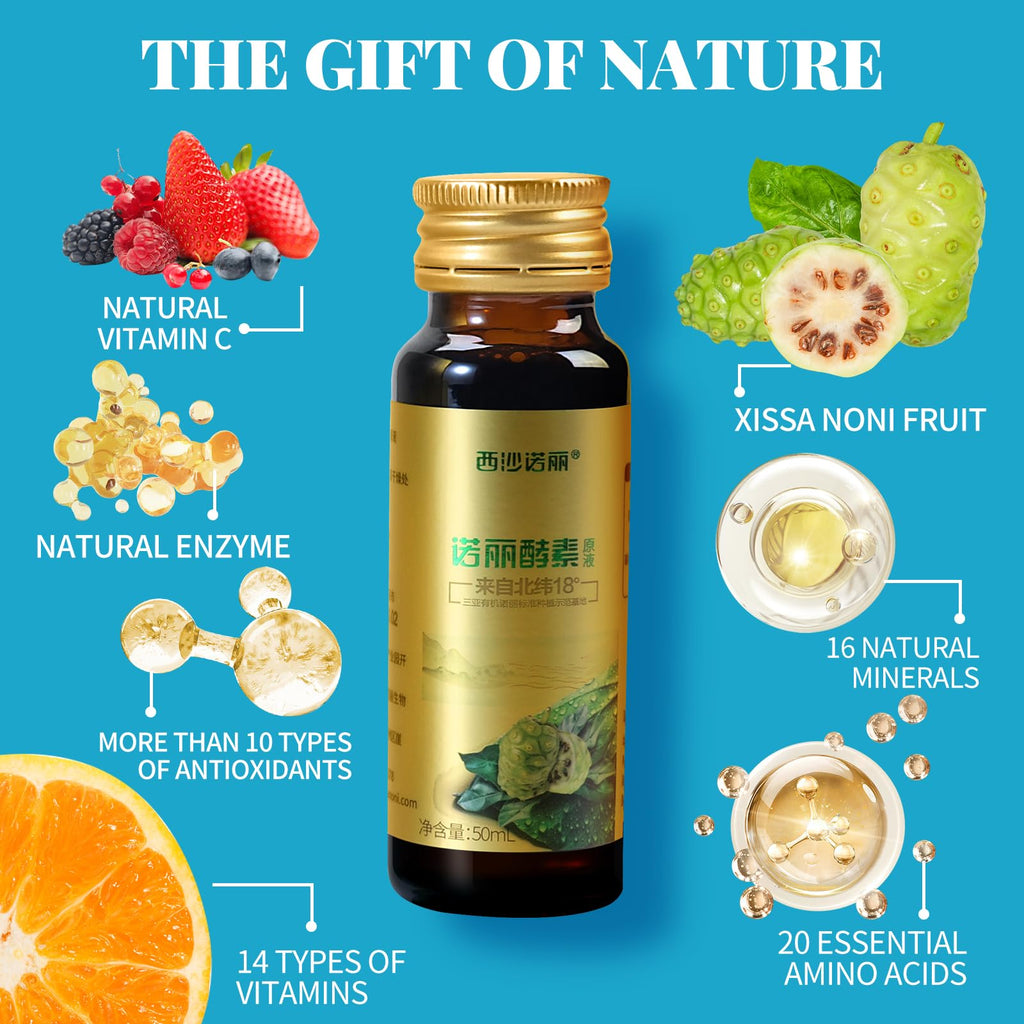 Side angle of Xissa Noni fermented enzyme juice displaying product purity and sourcing details.