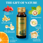 Side angle of Xissa Noni fermented enzyme juice displaying product purity and sourcing details.