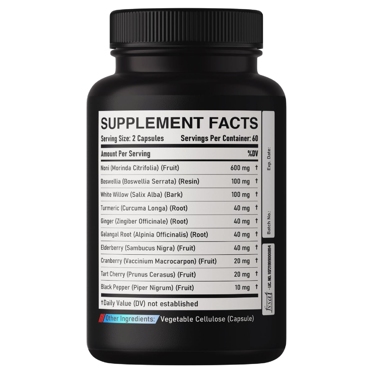 Close up of Dedicad Noni capsules packaging highlighting the 10-in-1 blend of traditional health herbs.