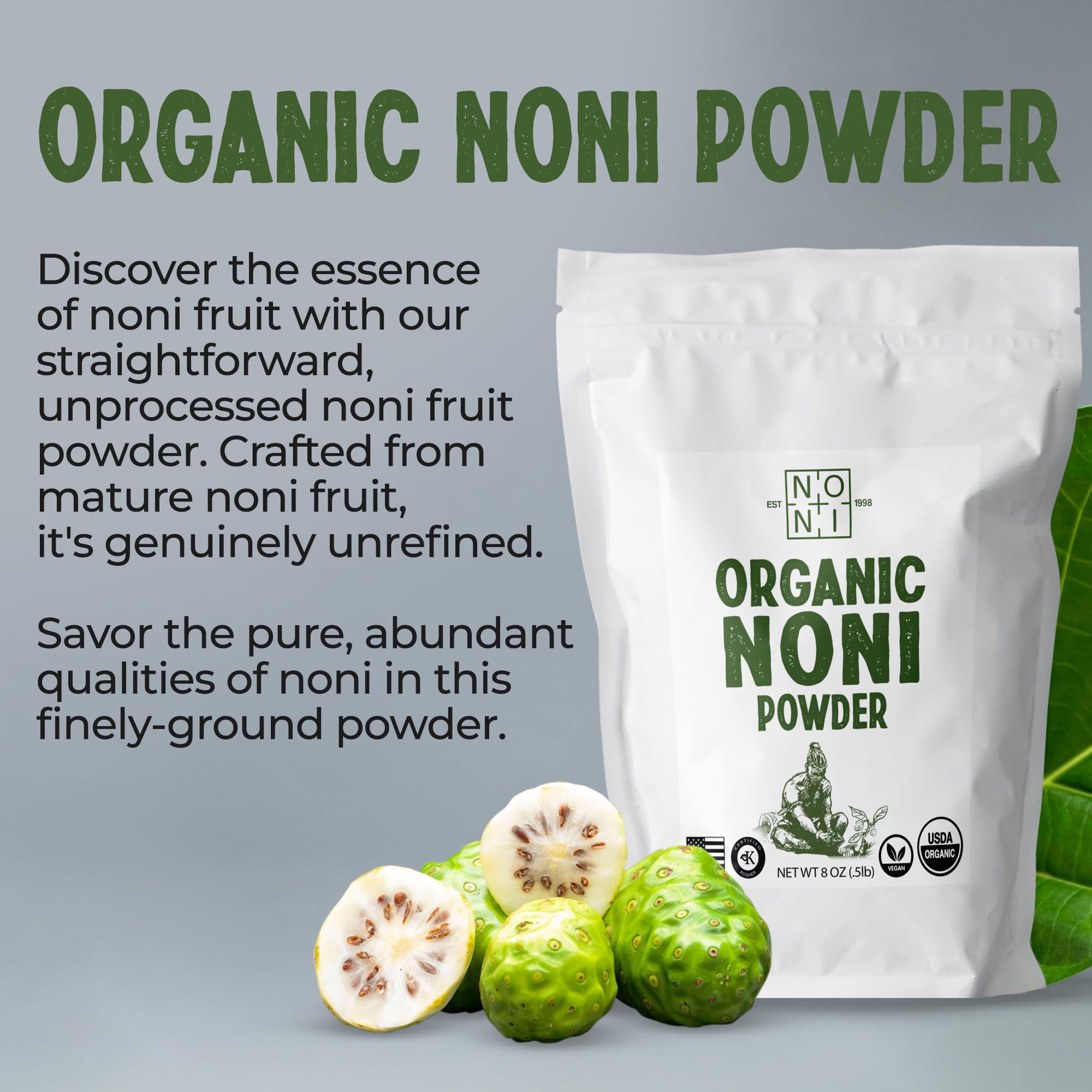 Back label of Healing Noni fruit powder supplement detailed with nutritional facts and one hundred percent pure ingredient listing.