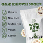 Top angle view of the Healing Noni powder pouch illustrating the secure airtight seal for maintaining optimal freshness.