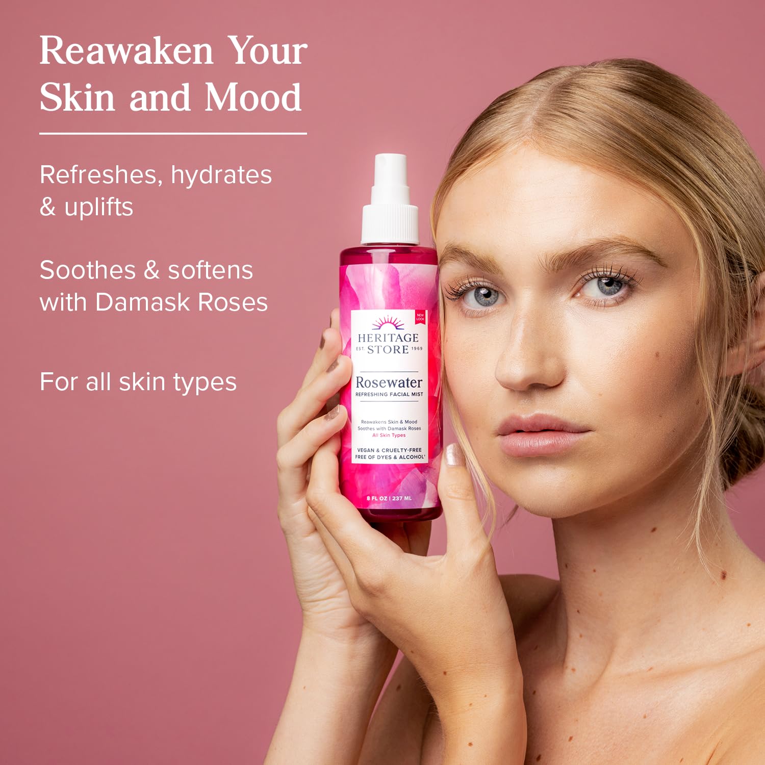 Heritage Store Rosewater facial mist bottle showing Damask Rose ingredients