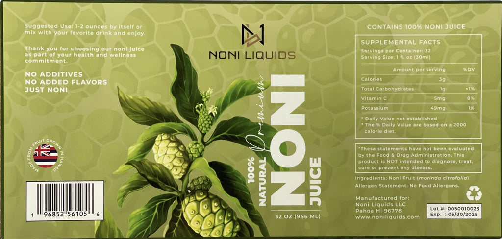 Premium 100 percent natural Morinda citrifolia superfood antioxidant drink nutritional label.