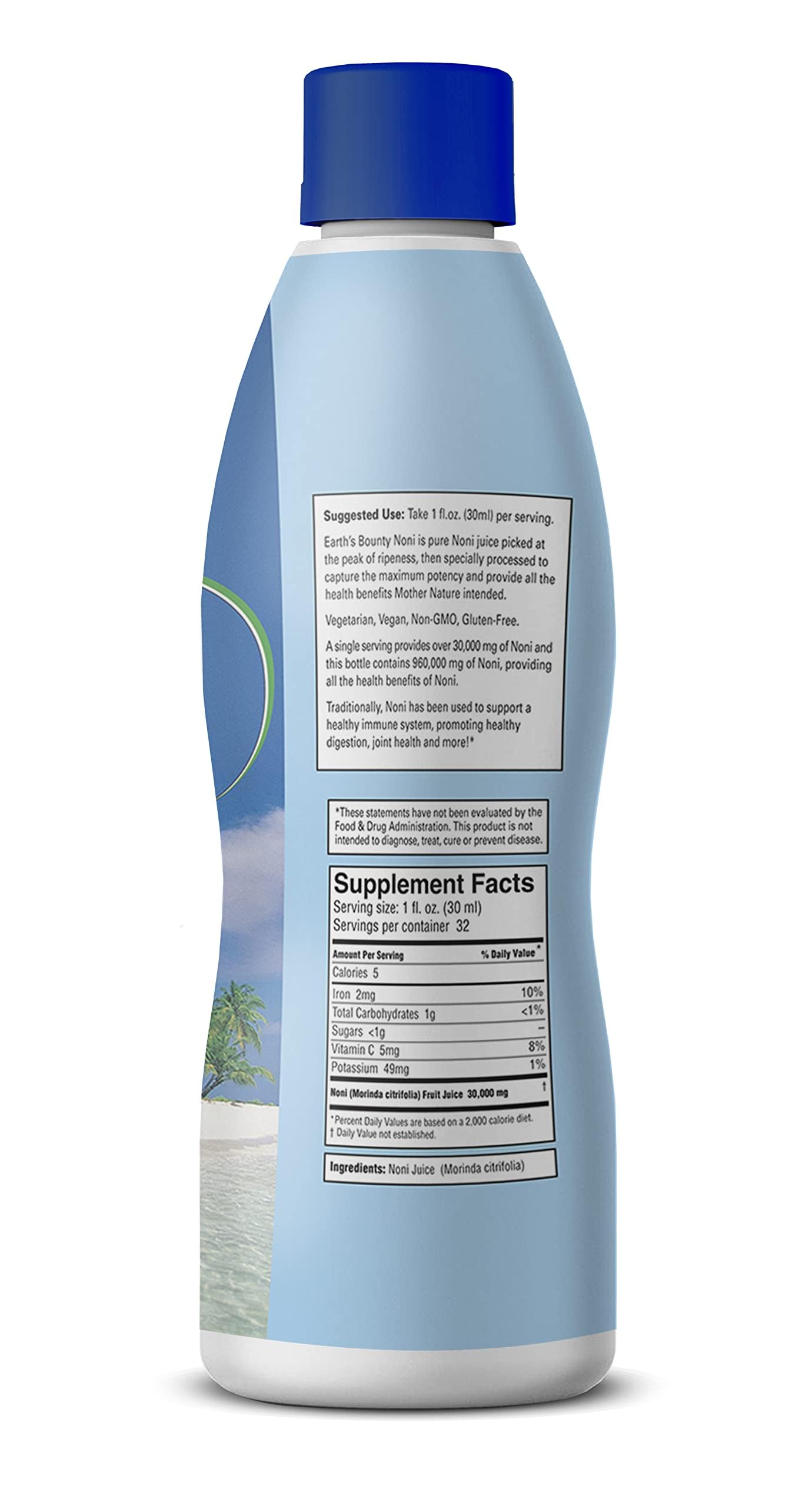 Earth's Bounty 100 percent pure undiluted noni juice nutritional supplement label close up