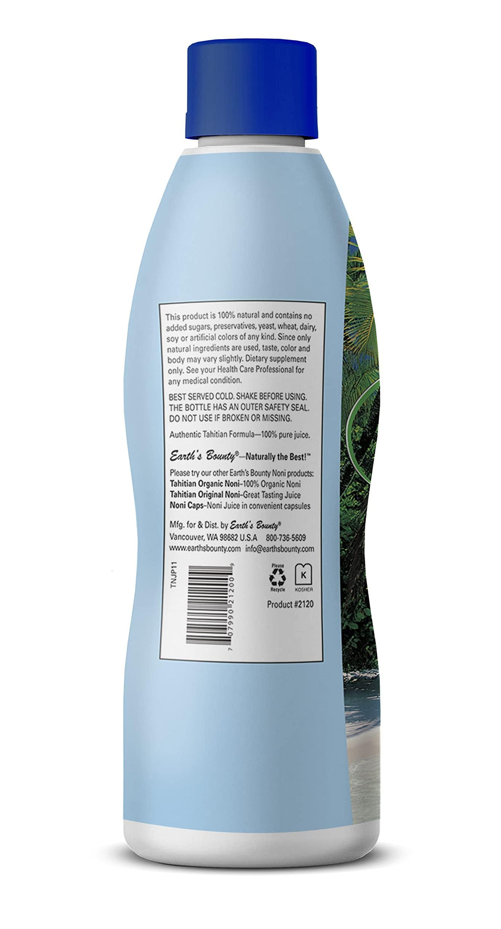 Authentic imported Earth's Bounty noni dietary supplement bottle showing ingredient purity details