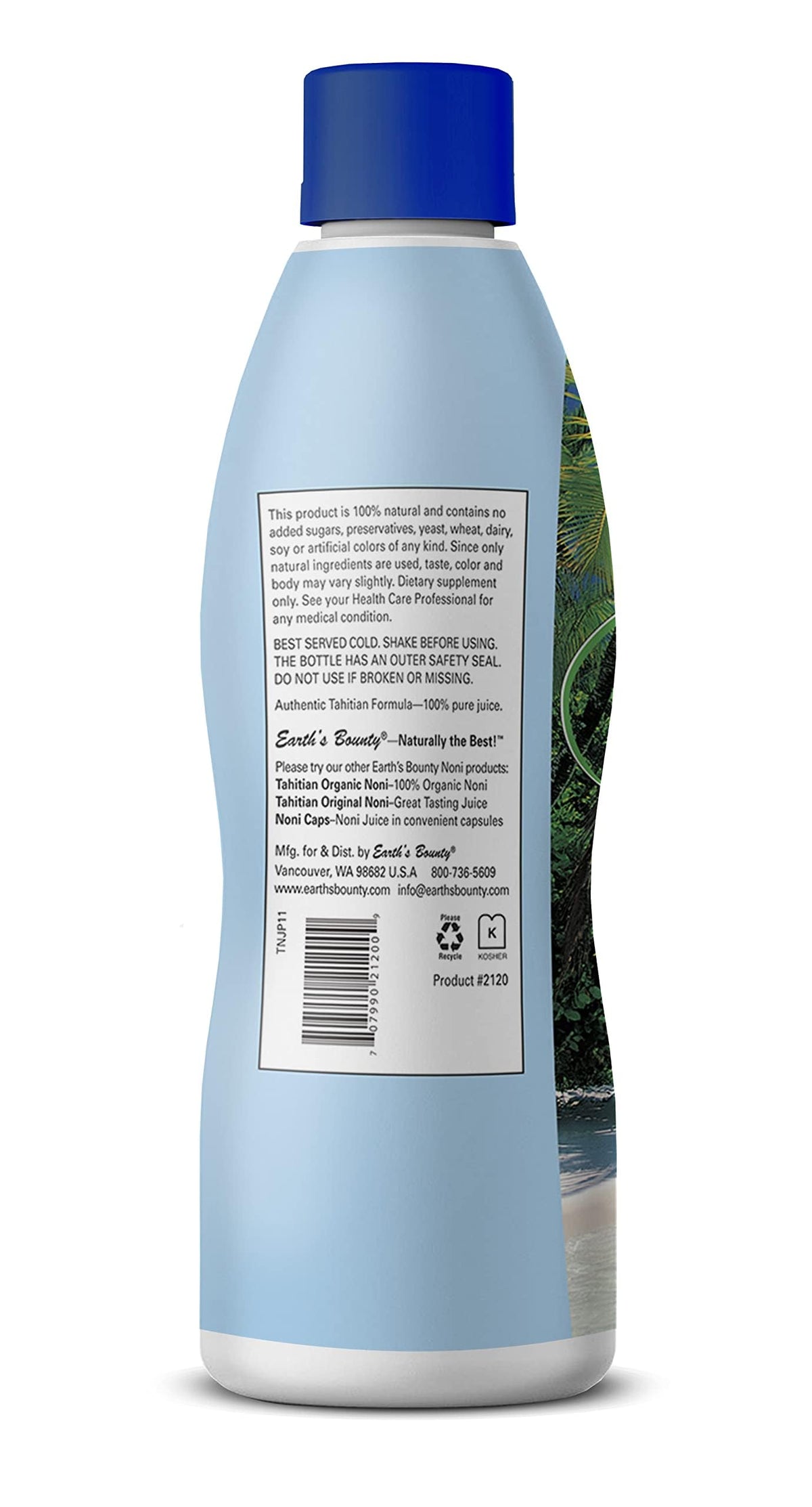 Authentic imported Earth's Bounty noni dietary supplement bottle showing ingredient purity details