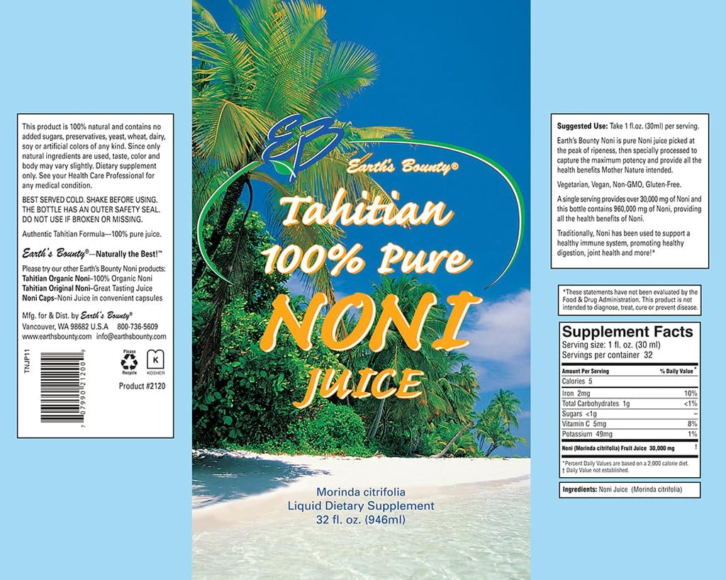Earth's Bounty Tahitian Morinda citrifolia juice 32 fluid ounce packaging for daily wellness routine