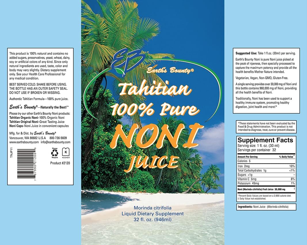 Earth's Bounty Tahitian Morinda citrifolia juice 32 fluid ounce packaging for daily wellness routine