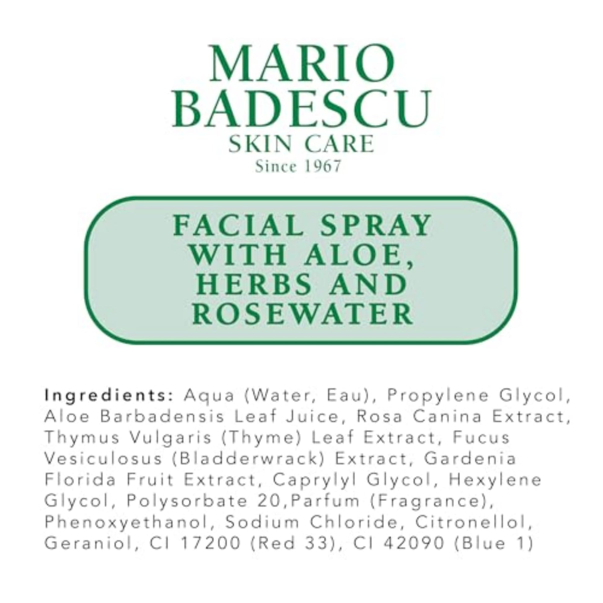 Mario Badescu Facial Spray with botanical ingredients highlighted
