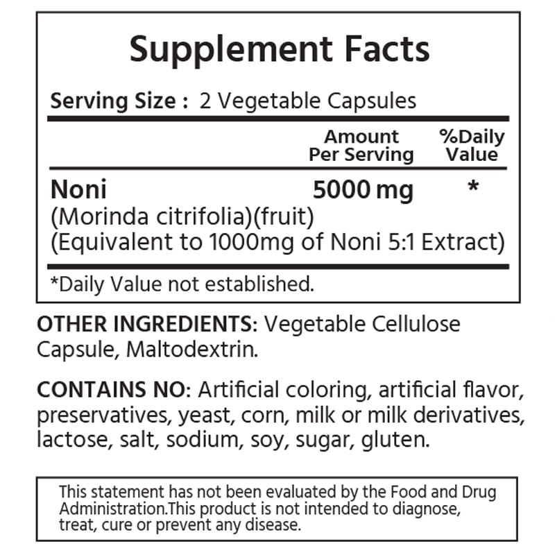 ML Naturals Ultra Noni supplement bottle showing ingredients list and serving size directions