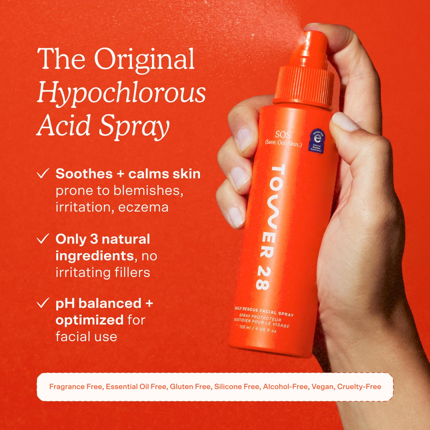 Tower 28 hypochlorous acid spray bottle on white background