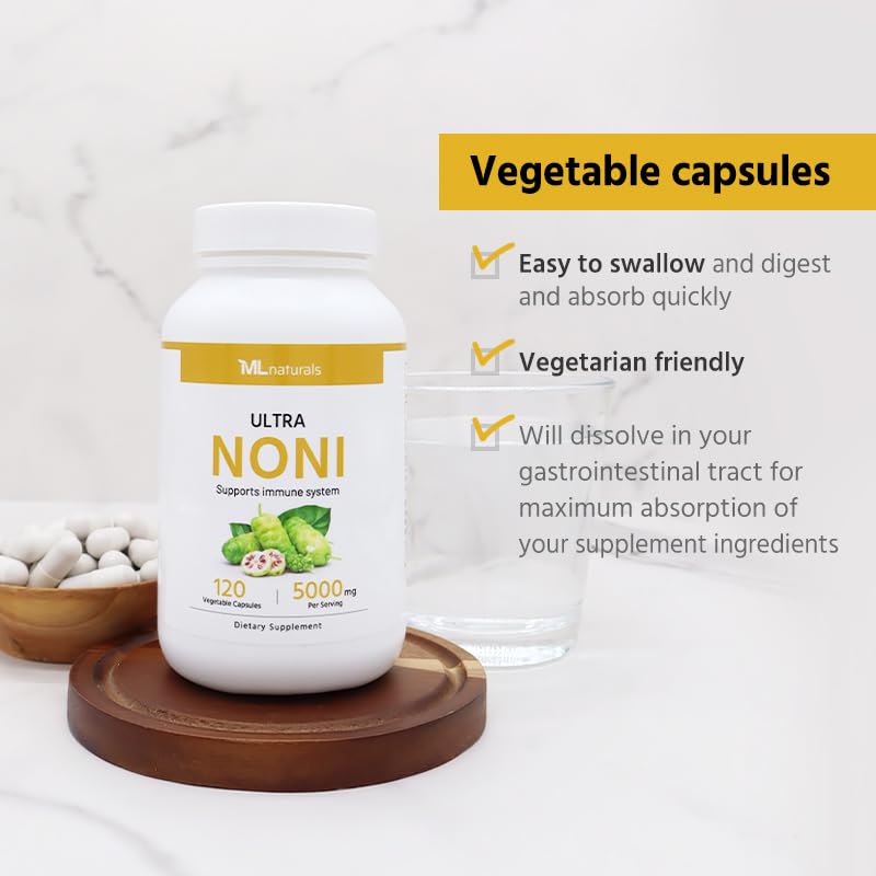 ML Naturals Ultra Noni 120 capsules packaging highlighting the 5 to 1 concentration mix