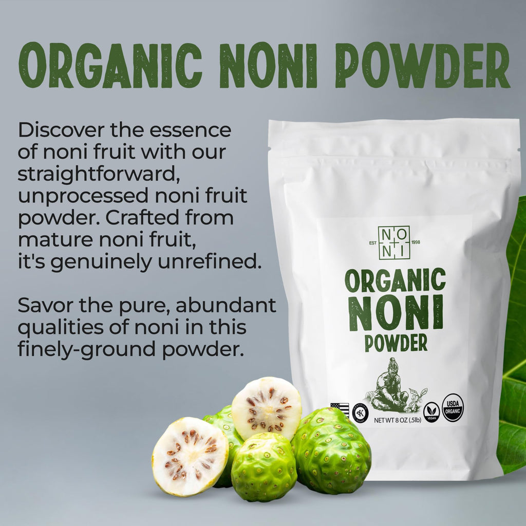 Authentic Hawaiian organic noni fruit supplement powder resealable bulk pouches.