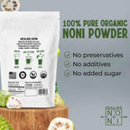Pure unsweetened noni fruit powder showing low-heat dehydrated texture.