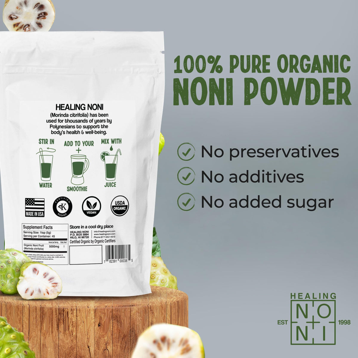 Pure unsweetened noni fruit powder showing low-heat dehydrated texture.