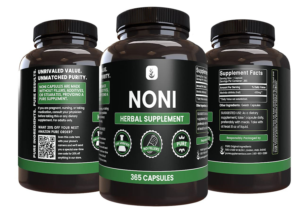 Lab verified zero rice filler noni capsules by Pure Original Ingredients
