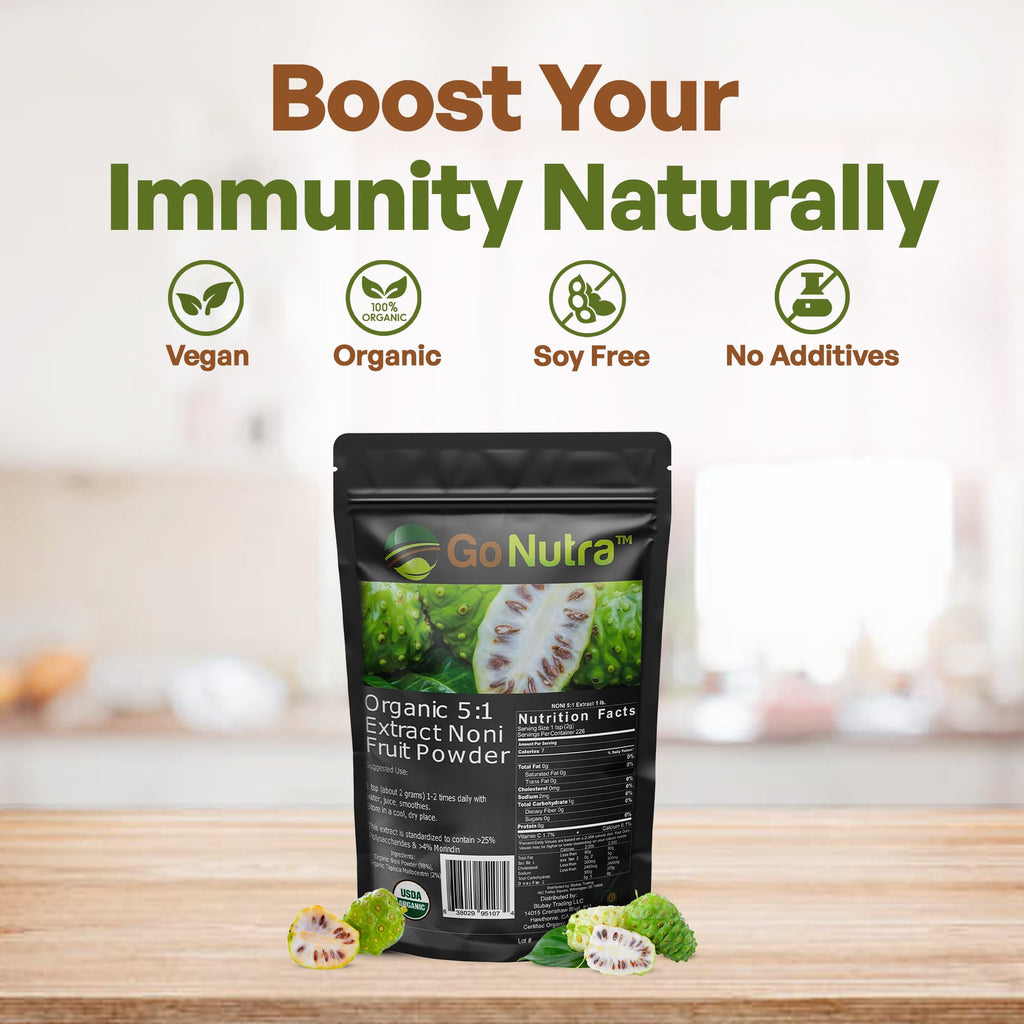 Go Nutra concentrated noni fruit extract powder packaging displaying certified organic label