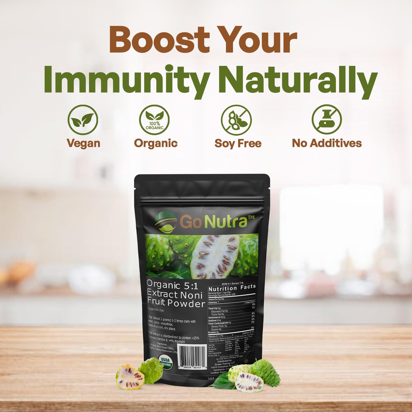 Go Nutra concentrated noni fruit extract powder packaging displaying certified organic label