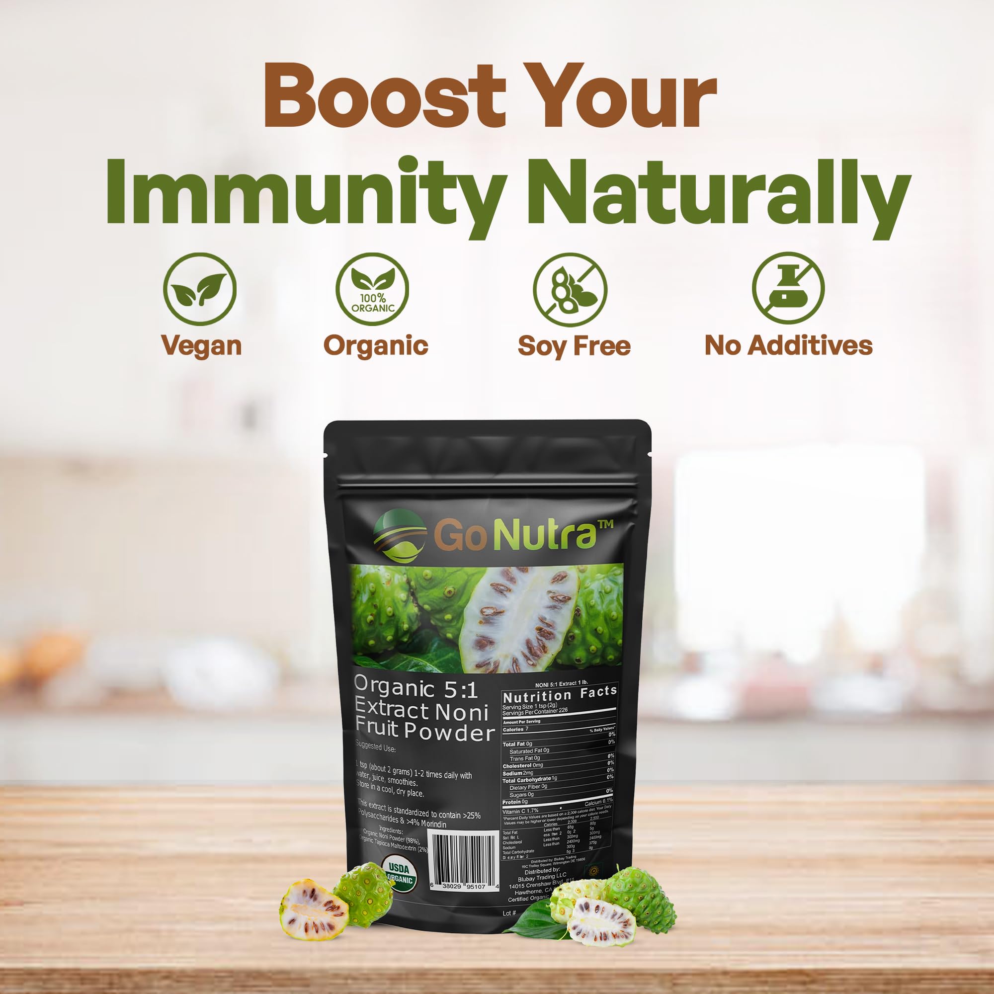 Go Nutra concentrated noni fruit extract powder packaging displaying certified organic label