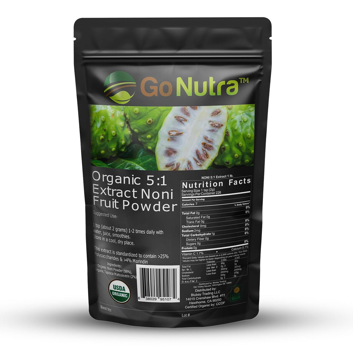 Go Nutra vegan and non GMO organic noni extract powder package graphics