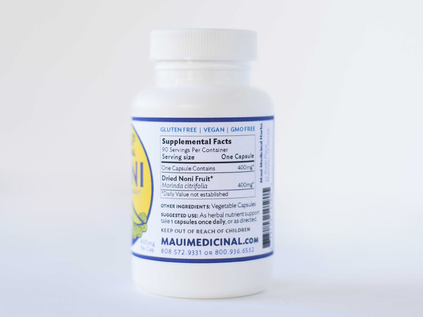 Organic whole fruit noni capsules by Maui Medicinal Herbs showing ingredient details