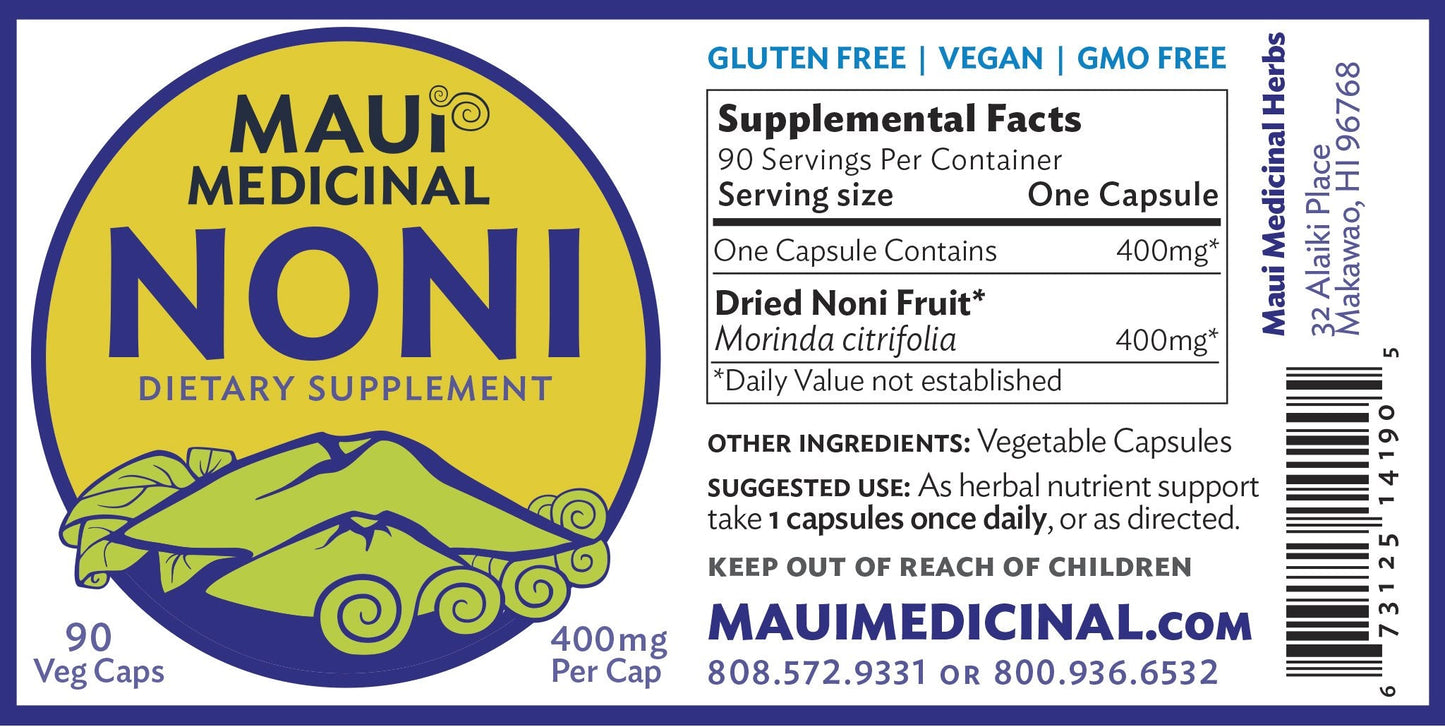 Plant based whole fruit Morinda citrifolia dietary supplement bottle close up view