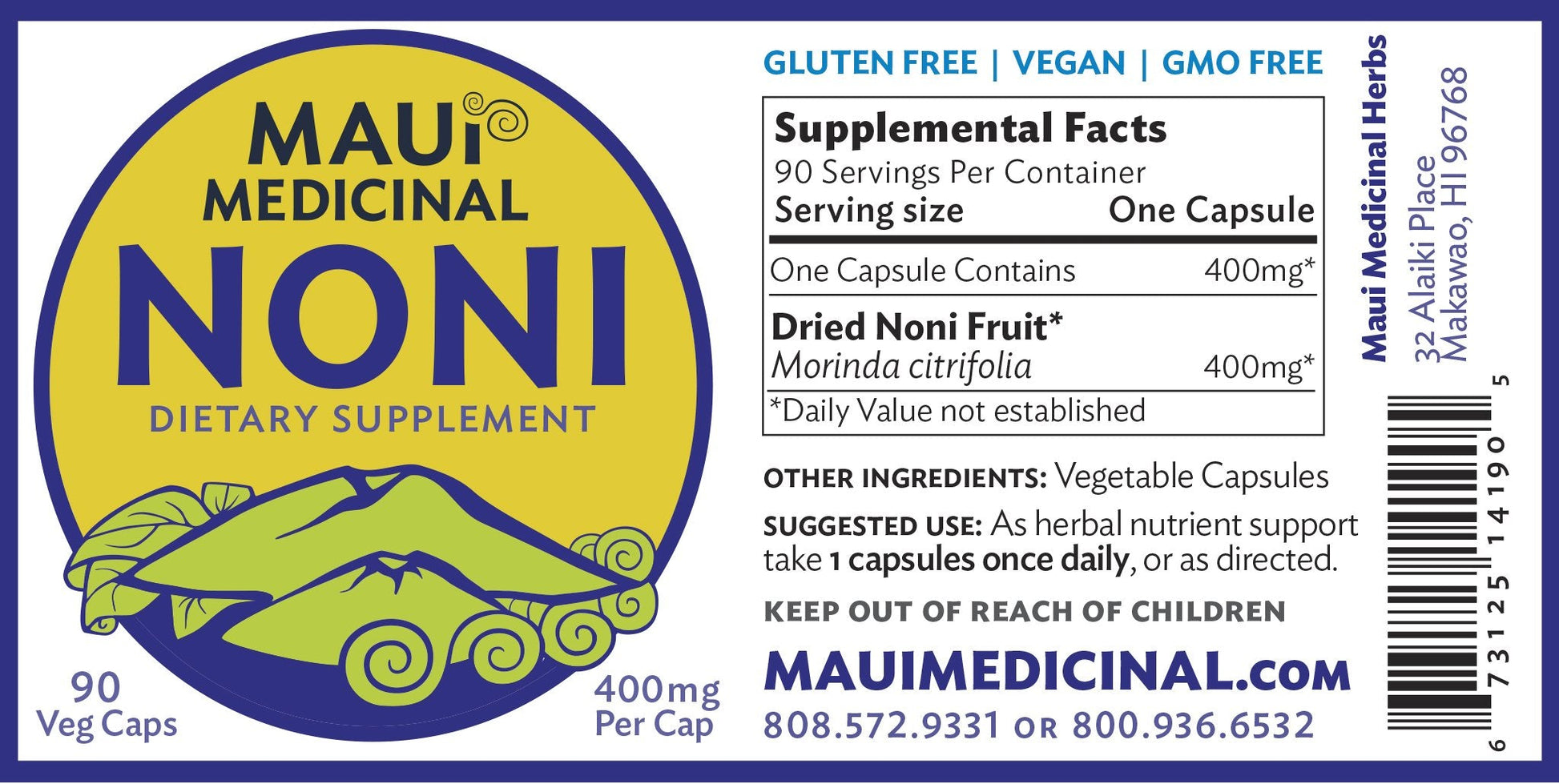 Plant based whole fruit Morinda citrifolia dietary supplement bottle close up view
