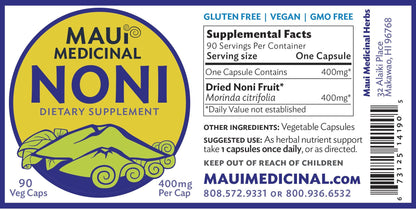 Plant based whole fruit Morinda citrifolia dietary supplement bottle close up view