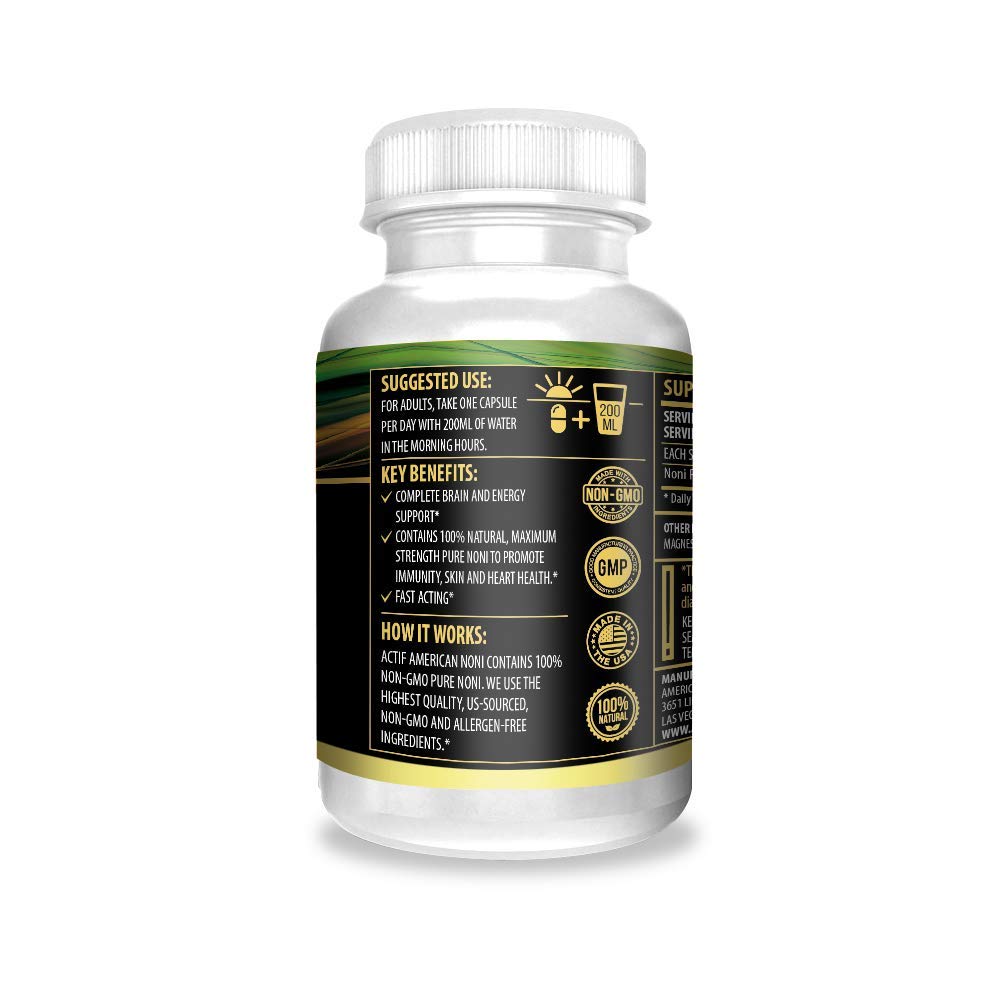 Actif Hawaiian Noni Extract supplement container showing nutritional value and ingredient facts