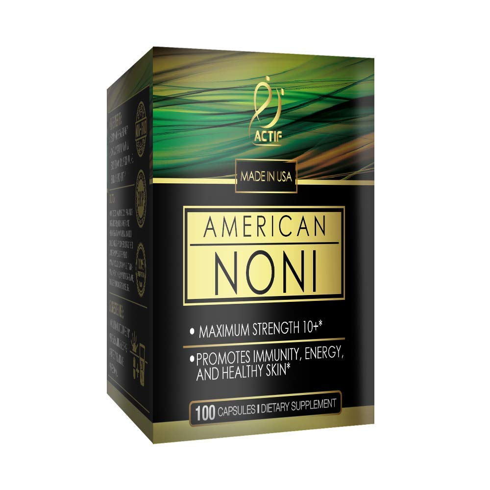 Natural organic noni capsules bottle displaying non-GMO and clean formula certifications
