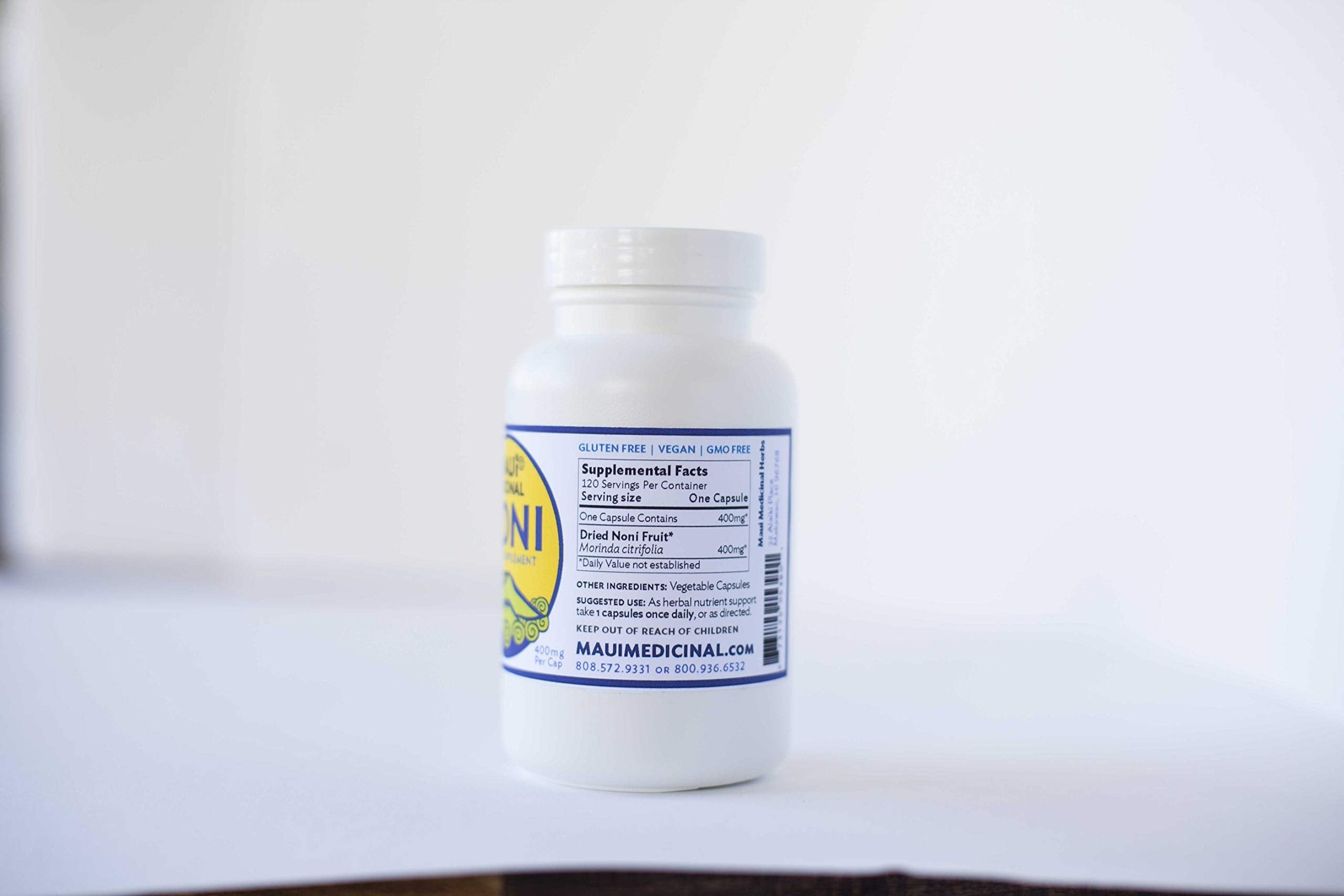 Maui Medicinal Herbs 400 milligram noni whole fruit powder dietary supplement packaging label