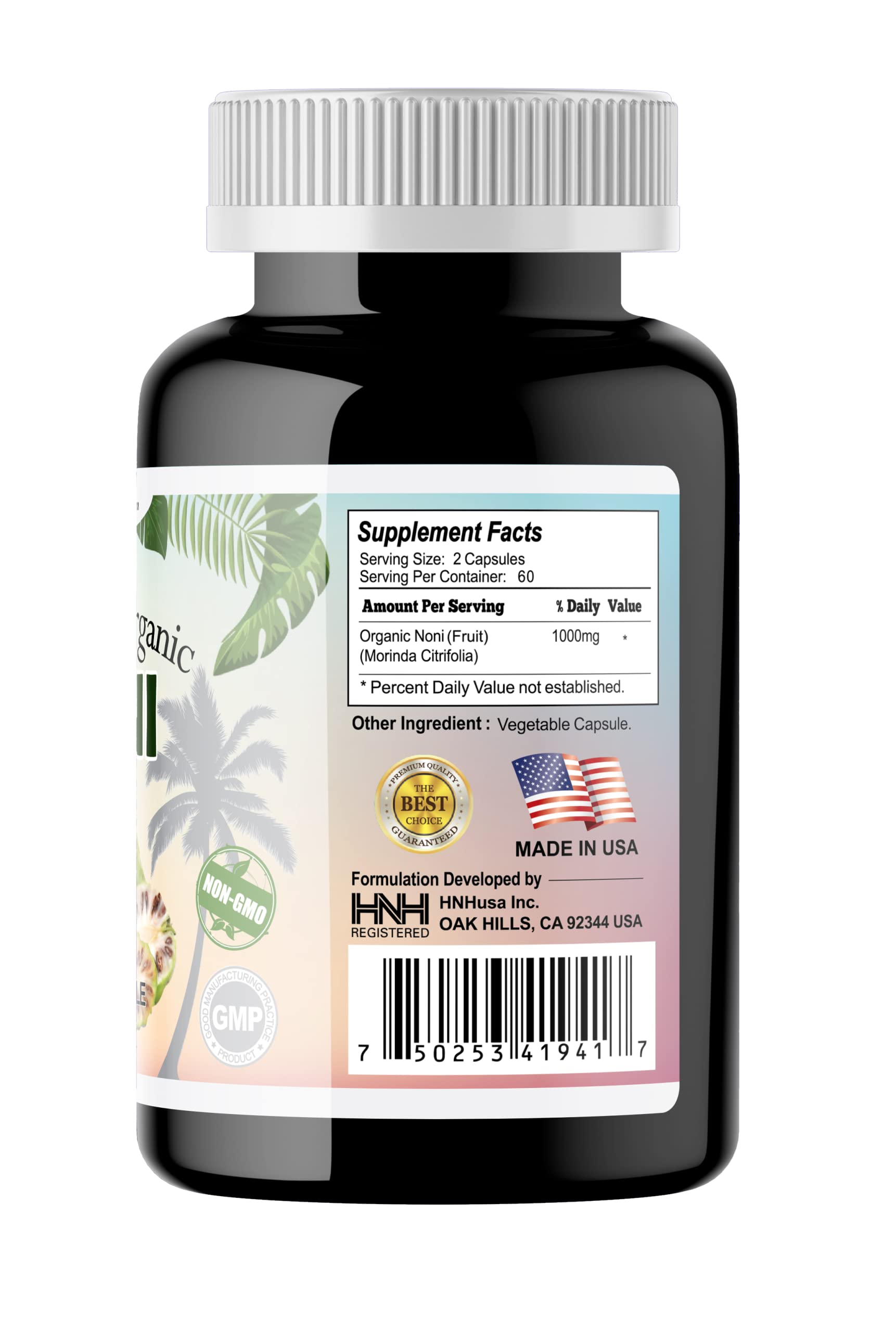 Dr.K&C HNHusa noni dietary supplement 120 vegetable capsules display highlighting certified organic and non GMO labels