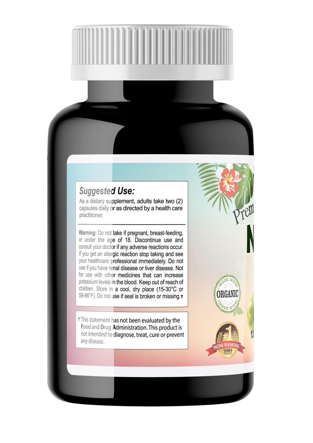 Supplement facts and ingredient panel on the back of Dr.K&C organic noni 1000 mg bottle
