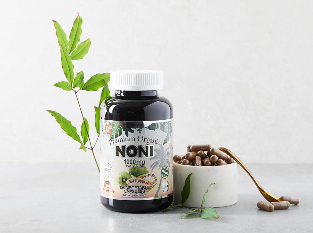 Full product shot of Dr.K&C premium noni 120 veggie caps alongside its premium health supplement branding