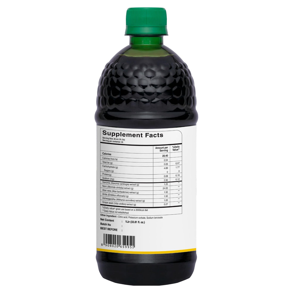 Pure Nutrition Natural Treasures herbal juice bottle label detail featuring Garcinia and Aloe Vera ingredients.