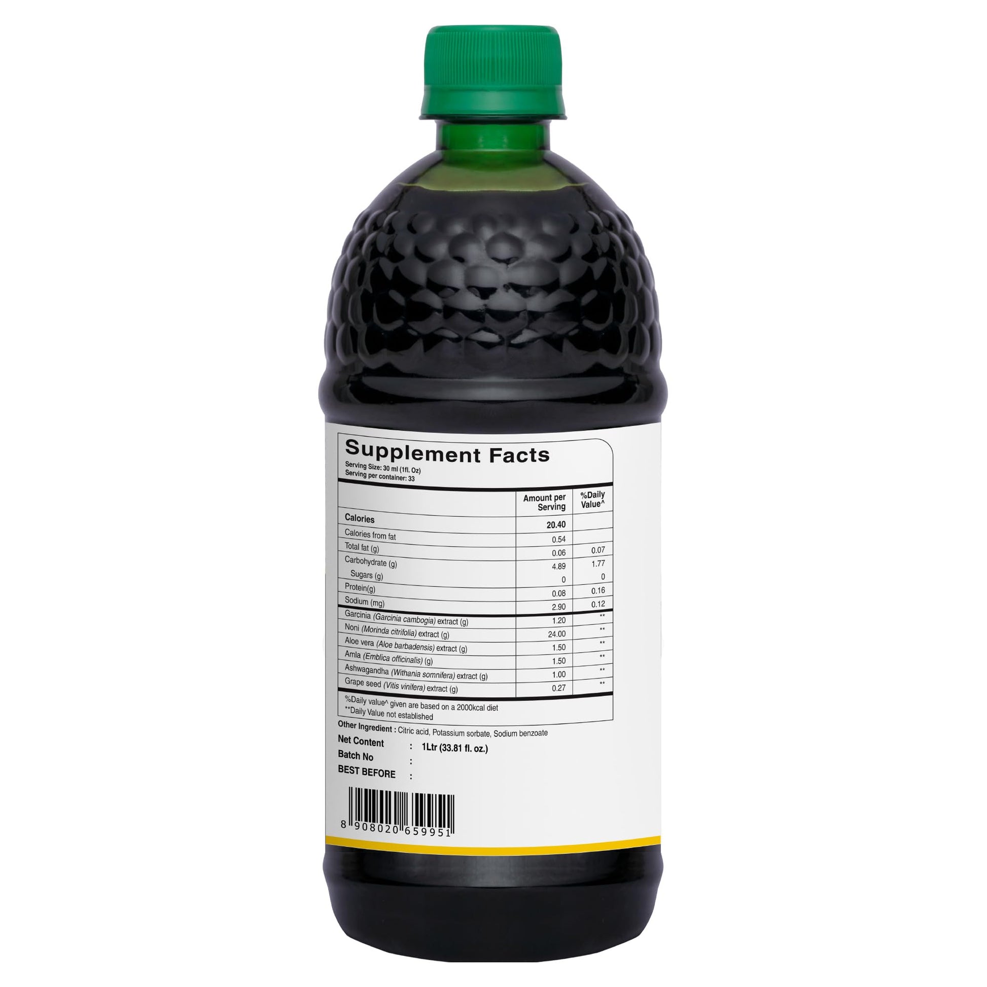Pure Nutrition Natural Treasures herbal juice bottle label detail featuring Garcinia and Aloe Vera ingredients.