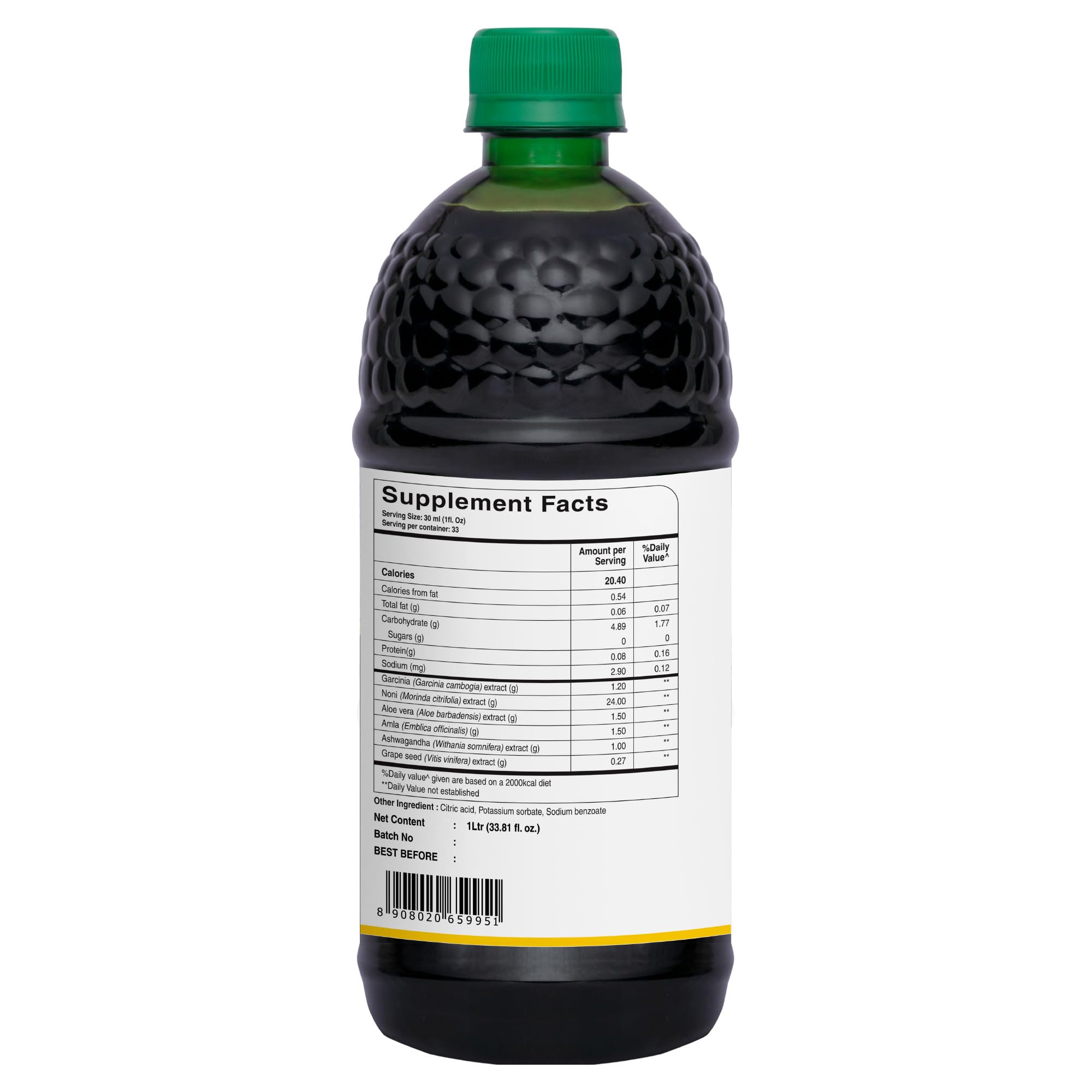 Pure Nutrition Natural Treasures herbal juice bottle label detail featuring Garcinia and Aloe Vera ingredients.