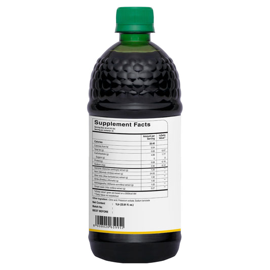 Pure Nutrition Natural Treasures herbal juice bottle label detail featuring Garcinia and Aloe Vera ingredients.